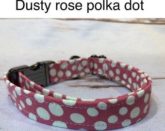 Dog Collar, adjustable collar, collar and leash set, collar leash set, metal dog collar, buckle dog collar, gunmetal, dusty rose, polka dot