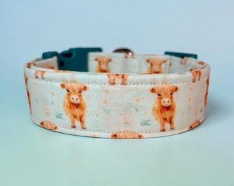 Highland Cow handmade dog collar, adjustable side release, washable cotton fabric, webbing core, customizable hardware color