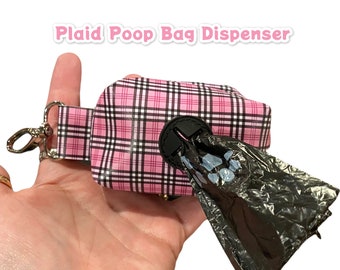 Pink Tartan Dog poop bag holder, dog waste bag holder, faux leather poop bag dispenser, dog waste bag dispenser, vegan leather poop bag