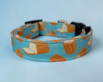 Loaf of Bread Handmade funny food dog collar, adjustable side release, washable cotton fabric, webbing core, customizable hardware color