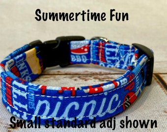 Picnic dog collar, cook out dog collar, summer dog collar, adjustable collar, washable collar, fabric dog collar, eco friendly, unisex, blue