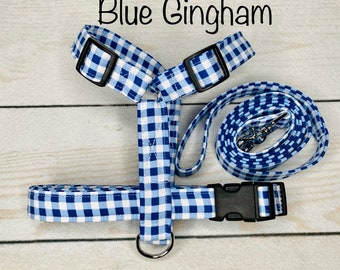 Dog harness, Harness and leash, step in harness, standard harness, roman harness, dog harness set, gingham dog harness, blue gingham, plaid