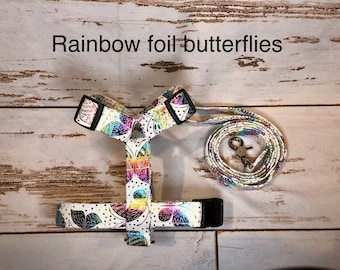 Dog harness, Harness and leash, step in harness, dog harness set, standard harness, roman dog harness, adjustable, rainbow butterflies