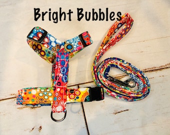 Dog harness, Harness and leash, step in harness, dog harness set, standard harness, roman dog harness, adjustable, Bright bubbles