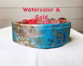 Watercolor with gold floral dog collar, side release adjustable, washable collar, handmade fabric pet collar, floral collar with watercolors