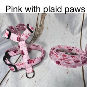 Pink Plaid Paw Print Dog Harness and Leash Set, Funny Handmade Dog Collar
