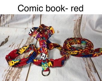 Dog Harness, dog collar, leash, step in harness, standard harness, martingale collar, dog harness set, buckle collar, red comic book print