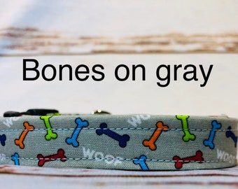 Dog Collar, boy dog collar, unisex dog collar, side release, adjustable collar, Buckle dog collar, dog bones, gray collar, bones on gray
