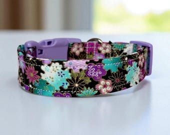 Purple teal floral dog collar, handmade fabric dog collar, side release adjustable dog collar, funny dog collars, washable, gifts for dogs