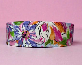 Pastel Floral Handmade dog collar: Washable fabric, adjustable side release, webbing core, customizable hardware, wide dog collar