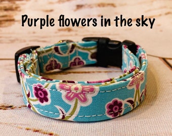 Floral dog collar, blue, purple, girl dog collar, side release dog collar, adjustable collar, fabric dog collar, washable, eco friendly, dog