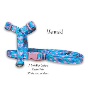 Mermaid Dog Harness and Leash Set: Adjustable Step-In Design, Funny Handmade Dog Collar
