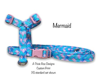 Mermaid dog harness and leash set, step in harness, standard Roman harness, adjustable, washable, eco friendly, mermaid scales, pink, purple