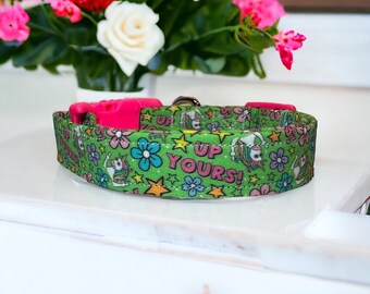 Unicorn dog collar, middle finger, dog collar, up yours, side release adjustable collar, handmade dog collar, funny dog collar, washable
