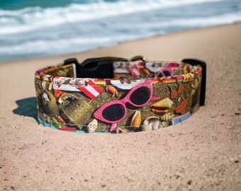 Beach dog collar, funny dog collar, side release, adjustable, washable, fabric dog collar, girl dog collar, handmade dog collar, wide collar