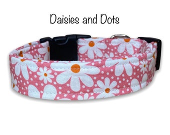 Daisy dog collar, dog collar girl, floral dog collar, pink, polka dots, daisies, adjustable collar, side release, washable, fabric collar