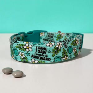 May include: A teal dog collar with a repeating pattern of white daisies, green leaves, stars, and smiley faces. The text "I CAME I SAW I made it AWKWARD" is printed on the collar. The collar has a teal plastic buckle.