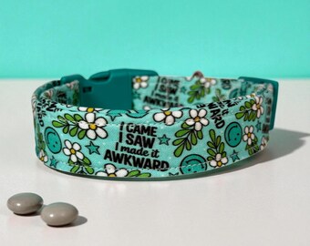 Handmade Funny Awkward Dog collar, side release washable fabric adjustable pet collar, Teal, funny dog collars, side release, washable