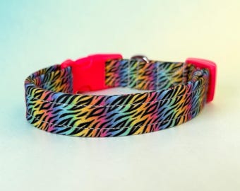 90’s Rainbow Tiger print handmade dog collar, adjustable side release, washable cotton fabric, webbing core, customizable hardware color