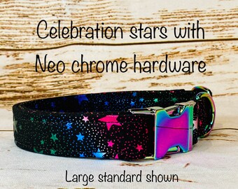 Dog Collar, adjustable dog collar, star dog collar, metal buckle, neo chrome, buckle dog collar, rainbow hardware, celebration stars