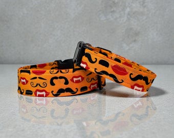 Halloween Mouth and Mustache Funny handmade dog collar, adjustable side release, washable cotton fabric, webbing core, customizable hardware