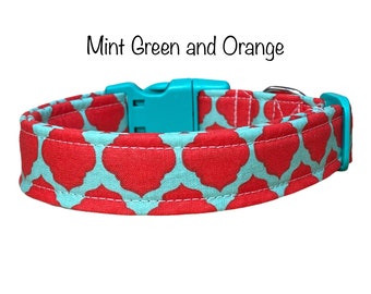 Mint green and orange dog collar, side release dog collar, adjustable dog collar, washable dog collar, girl dog collar, fabric dog collar