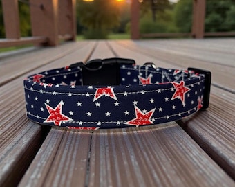 Funny handmade dog collar Patriotic Stars, red white and blue: Washable fabric, adjustable side release, webbing core, customizable hardware