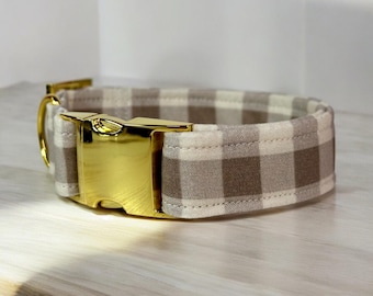 Personalized engraved fall khaki plaid check dog collar, side release metal hardware, handmade fabric dog collar with engraved metal buckle