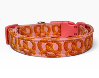 Pretzel handmade funny dog collar: Adjustable side release, washable cotton fabric, webbing core, customizable hardware color