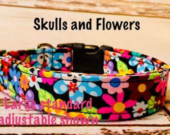 Skulls and flowers dog collar, skulls, flowers, dog collar, adjustable collar, washable collar, eco friendly collar, female dog collar, girl