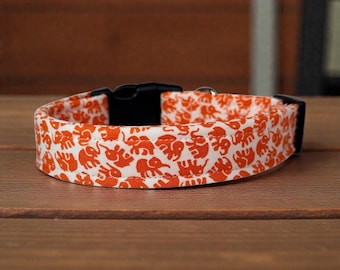 Orange Elephant Handmade dog collar: Washable fabric, adjustable side release, webbing core, customizable hardware, wide dog collar