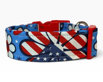 American Flag Patriotic Daisy handmade Dog Collar: washable fabric side release pet collar, webbing core, customizable hardware color