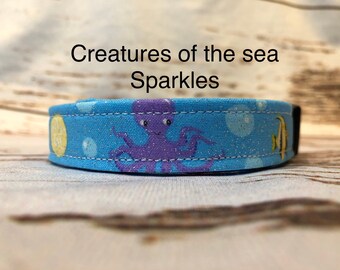 Sea creature dog collar, fish dog collar, sparkles, ocean life, adjustable collar, side release collar, washable collar, fabric dog collar