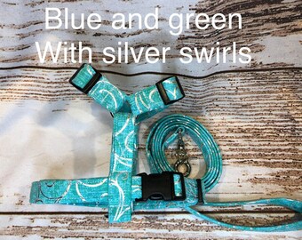 Blue Swirl Dog Harness and Leash Set: Adjustable Step-In or Standard Roman Harness, step in or standard roman
