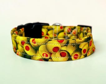 Green Olive Print Handmade funny dog collar: Washable fabric, adjustable side release, webbing core, customizable hardware, wide dog collar