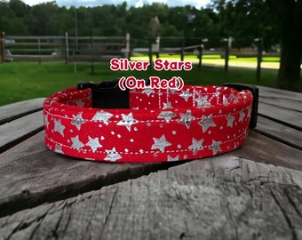 Red with silver stars dog collar, Cat collar, side release adjustable, handmade washable fabric pet collar, silver stars and red background