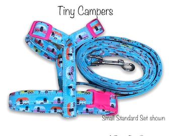 Camper dog harness and leash set, step in dog harness, standard Roman harness, tiny campers, adjustable dog harness, fabric dog harness