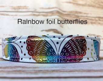 Butterfly dog collar, rainbow foil butterflies, side release dog collar, adjustable collar, fabric dog collar, white, butterflies, washable