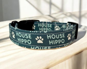 Funny handmade dog collar “House Hippo”: Washable Side release fabric adjustable collar