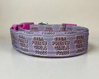 Funny handmade dog collar “Even Pretty girls fart”: Washable wide Side release fabric adjustable collar, webbing core, customizable buckle