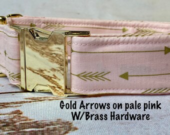 Blush pink arrow dog collar, brass hardware, gold hardware, washable, adjustable, fabric dog collar, dog collar girl, pretty dog collar