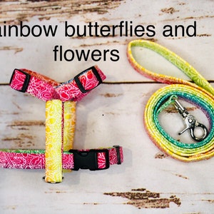 Rainbow Butterflies Dog Harness and Leash Set: Adjustable Step-In or Roman Style