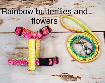 Dog harness, Harness and leash, step in harness, dog harness set, standard harness, roman dog harness, adjustable, rainbow butterflies