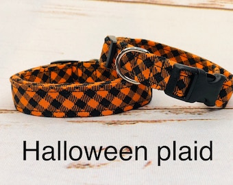 Halloween plaid dog collar, adjustable dog collar, side release collar, orange and black, diagonal Buffalo plaid, washable dog collar,