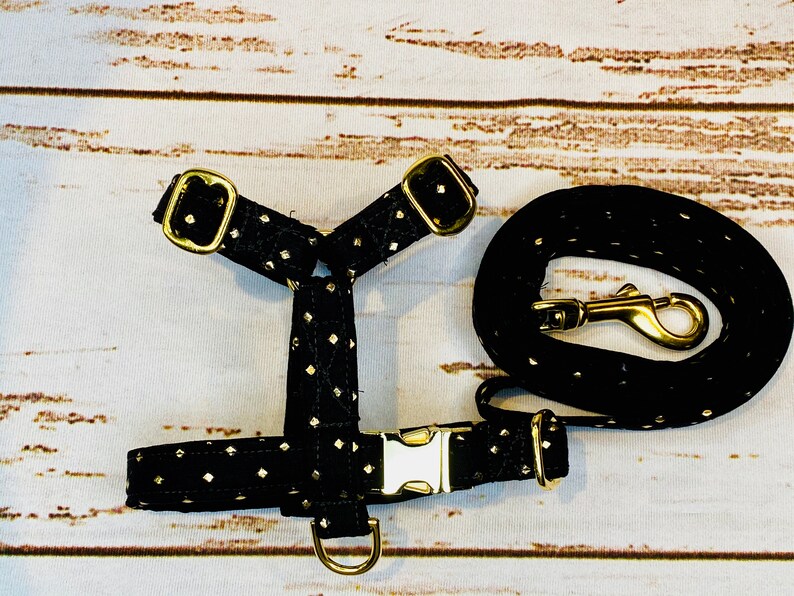 Polka Dot Dog Harness Brass Hard Dog Harness Set Gold Hardware Black Standard Harness Dog Harness Harness And Leash Step In Harness Pet Collars Leashes Pet Harnesses Backpacks Aloli Ru