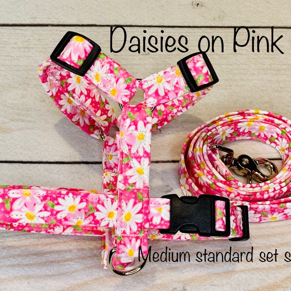 Dog harness, Harness and leash, step in harness, standard harness, dog harness set, adjustable, daisies, pink polka dots, daisy harness