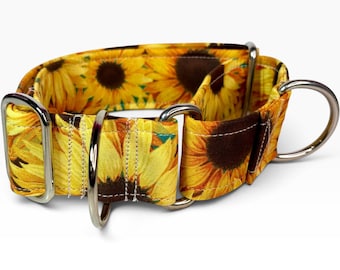 Sunflower handmade martingale dog collar, washable cotton fabric, adjustable, no buckle, stainless steel hardware, wide