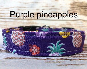 Pineapple dog collar, purple, pineapples, adjustable collar, side release collar, fabric dog collar, washable, eco friendly, girl dog collar