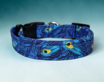 Blue Peacock Feather print handmade dog collar, adjustable side release, washable cotton fabric, webbing core, customizable hardware