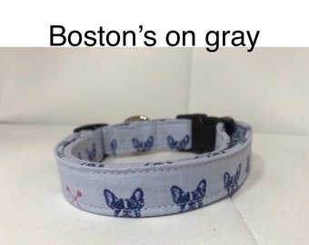 Boston terrier dog collar, Frenchie dog collar, adjustable collar, washable, eco friendly, side release collar, fabric dog collar, gray